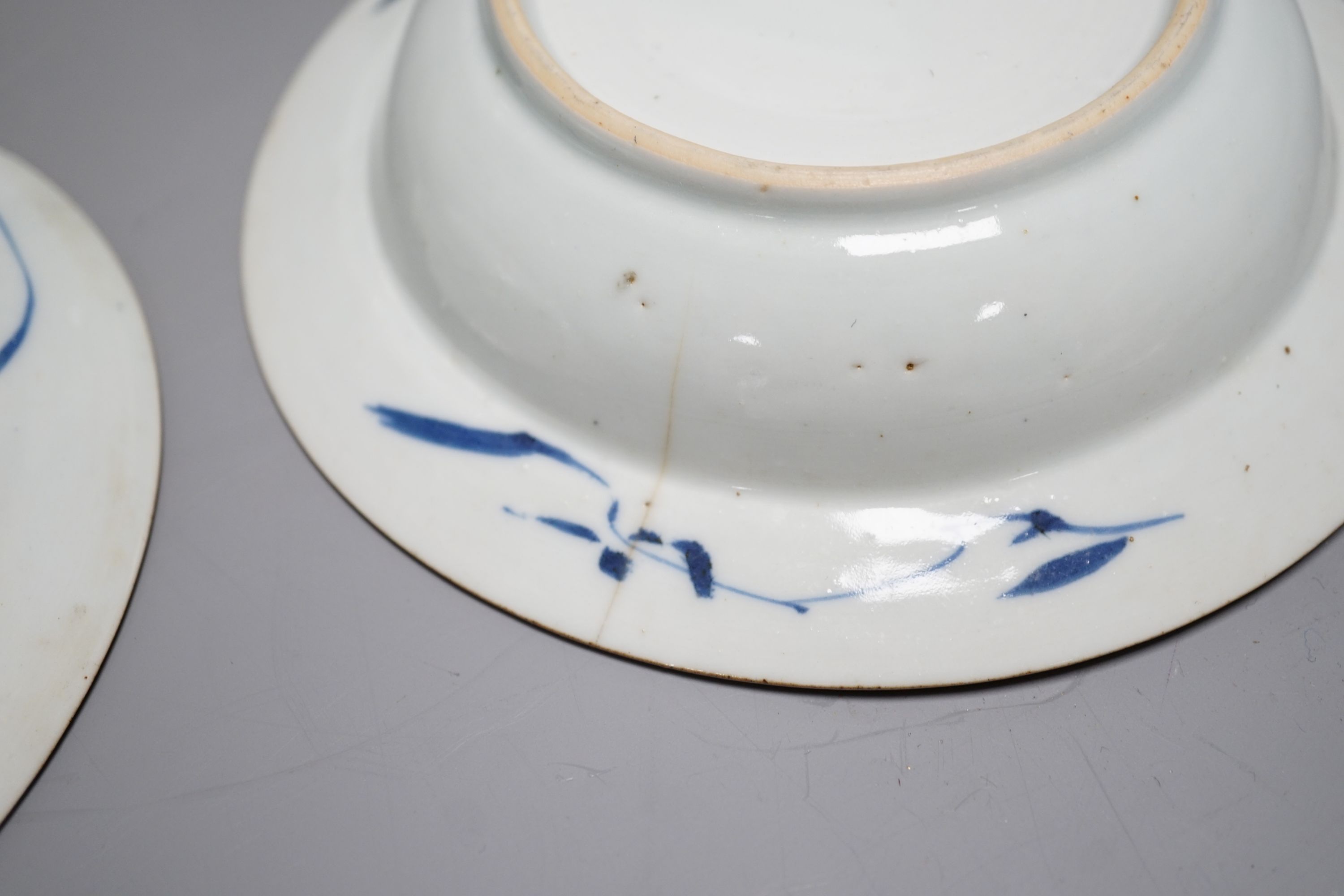 Two Chinese blue and white export dishes, a celadon cup and green glazed pottery vase, Export dishes 16,5 cms diameter.